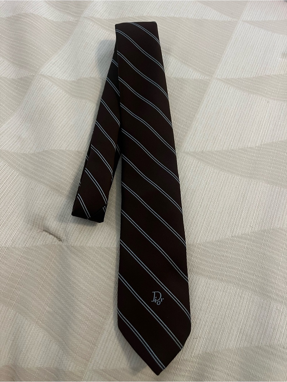 Dior Men's Dark Brown Tie with Light Blue Diagonal Stripes